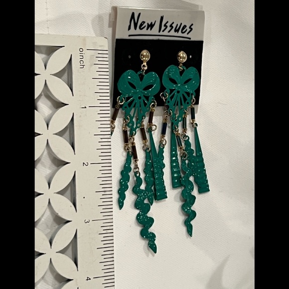 Vintage Teal Statement green Earrings - Retro Dangle "New Issues" Bold 80s Style - Picture 4 of 5